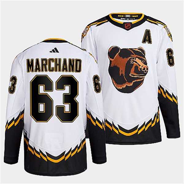Mens Boston Bruins #63 Brad Marchand 2022 White Reverse Retro Stitched Jersey Dzhi
